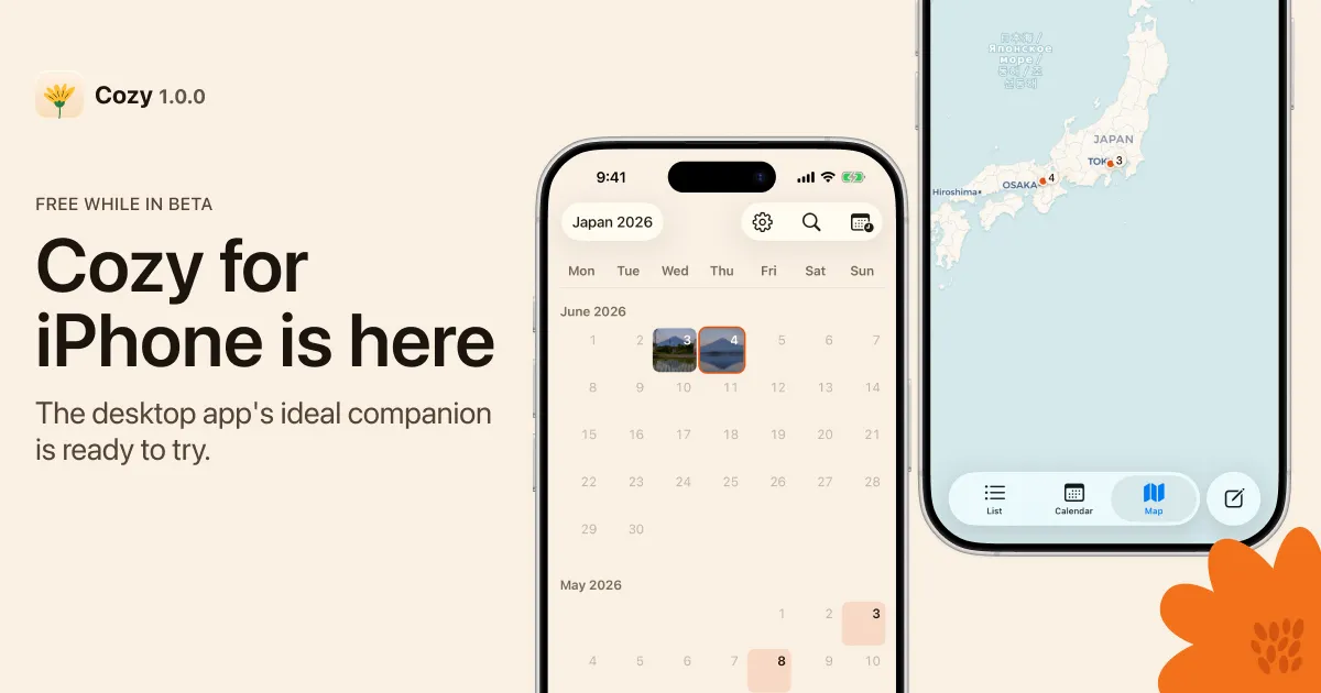 Cozy for iPhone showing the calendar and map views on two iPhones