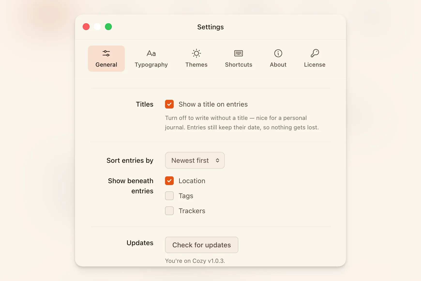 Cozy's settings for choosing what shows beneath each entry