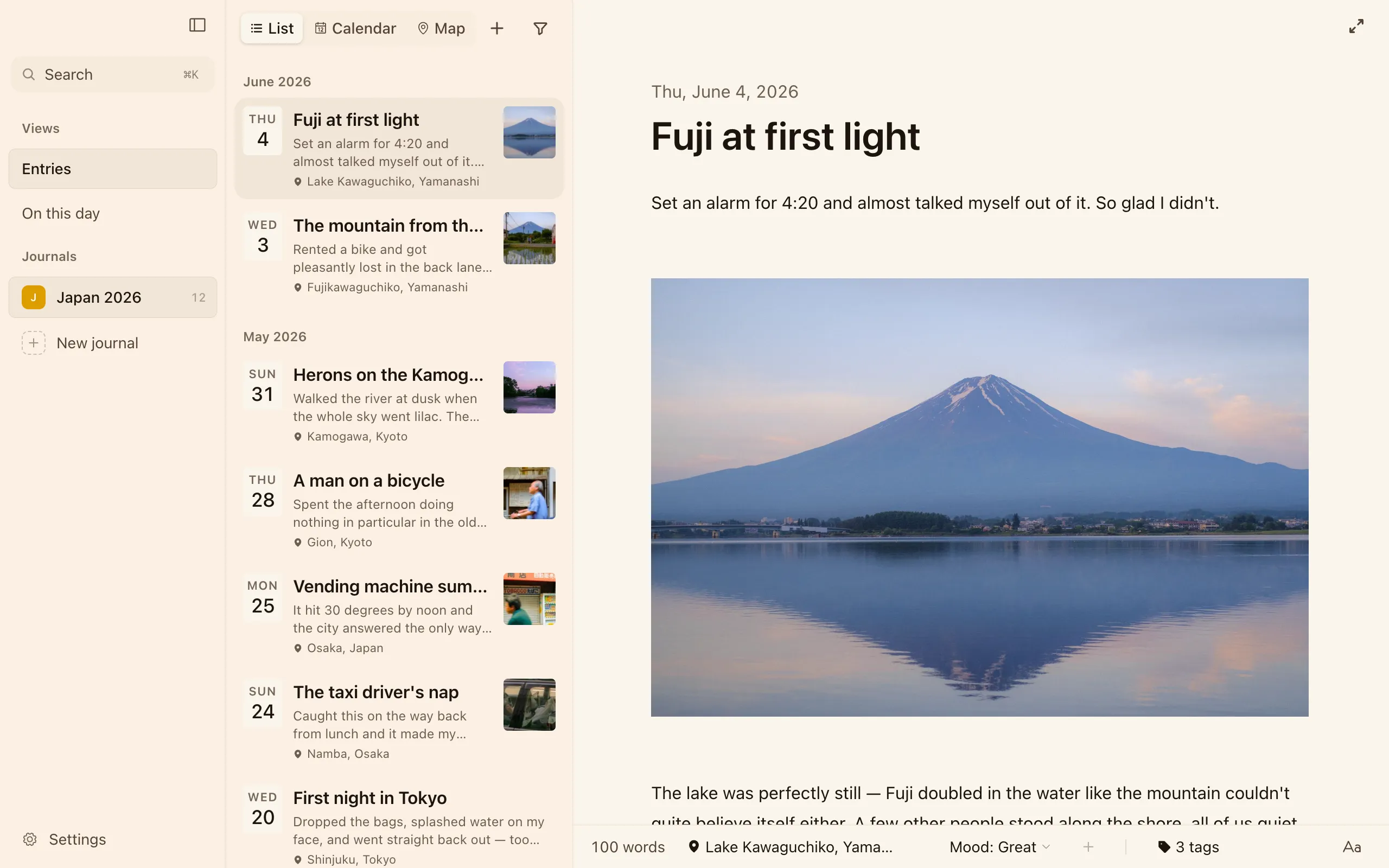 A Cozy entry open in the editor — title, writing, a photo, and the entry's date, mood, location, and tags along the bottom