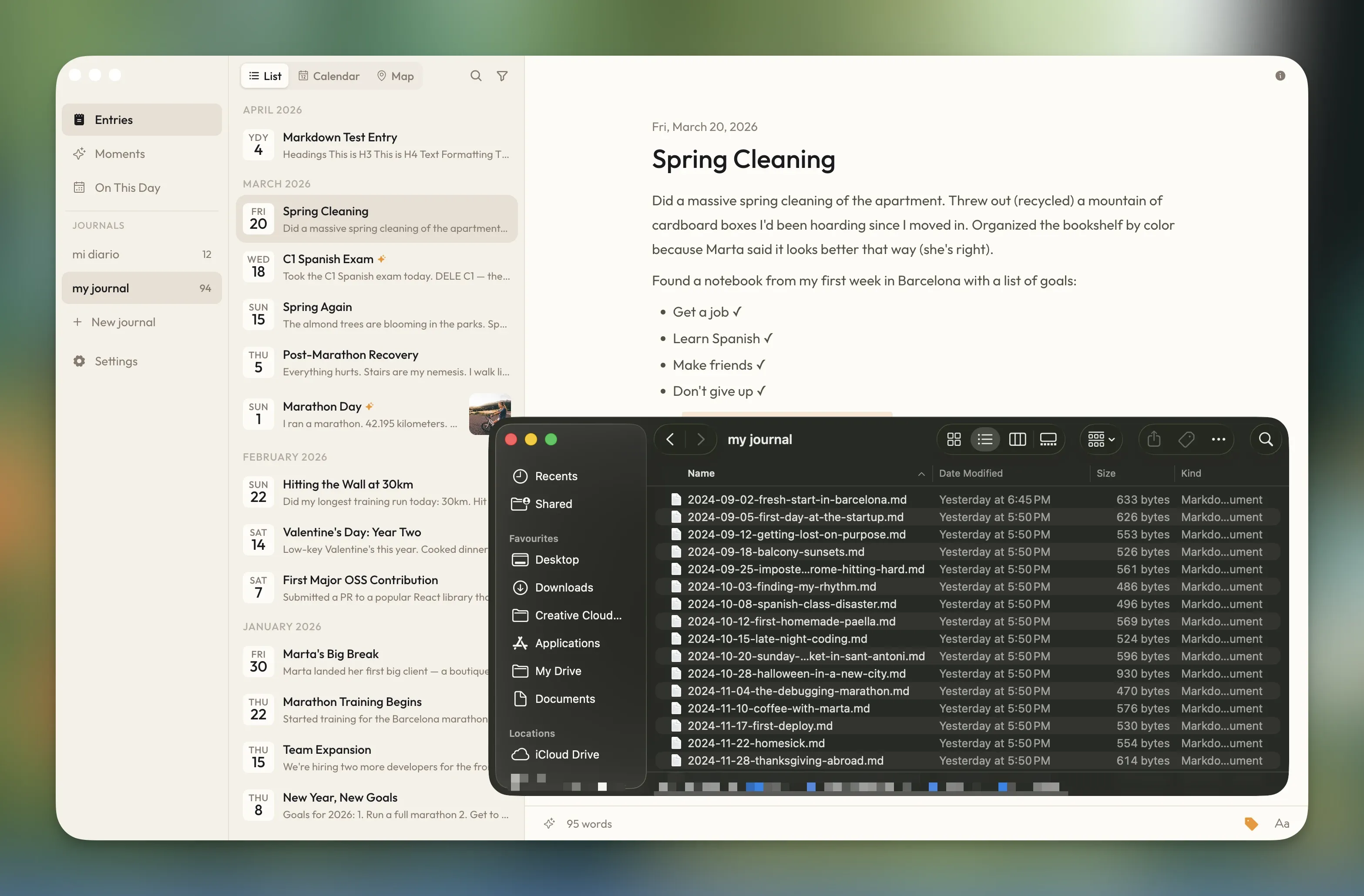 Cozy Journal entries stored as plain text files in a local folder — no cloud, no lock-in