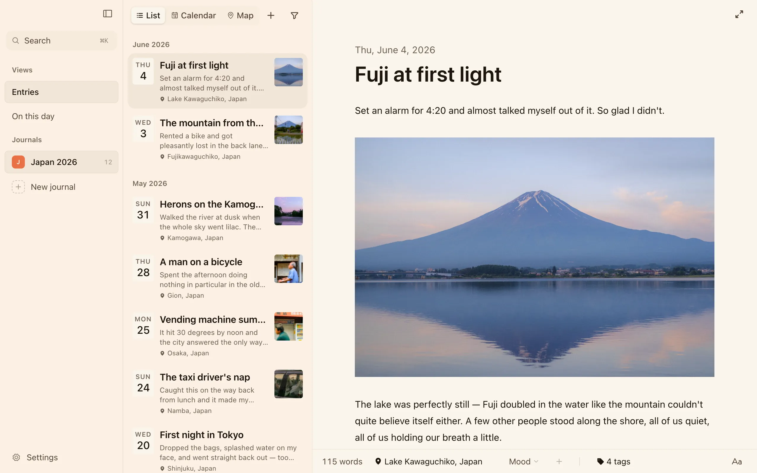 A journal imported from Day One open in Cozy, entries and photos in place