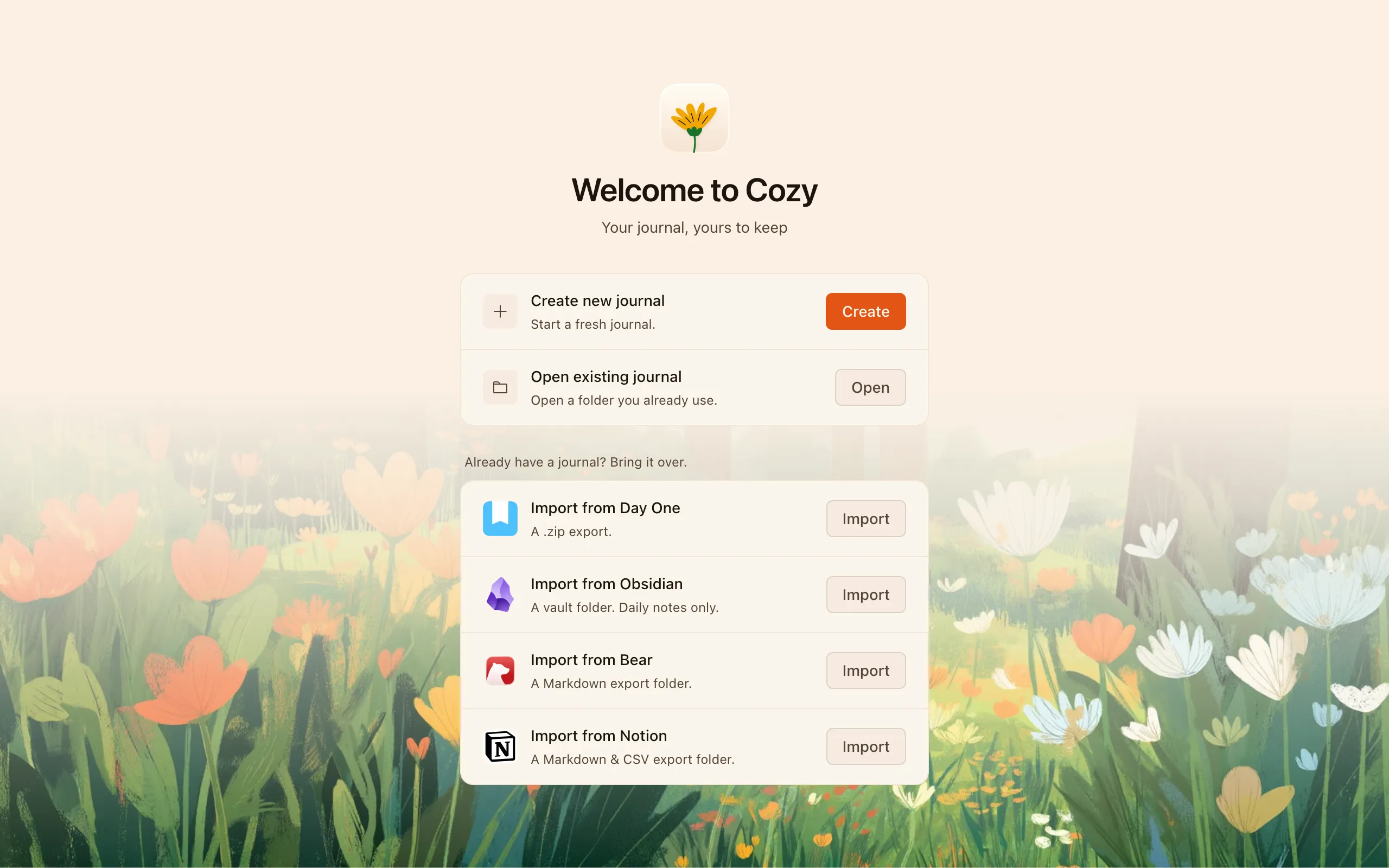 Cozy's welcome screen, with an Import button beside Day One under the heading "Already have a journal? Bring it over."