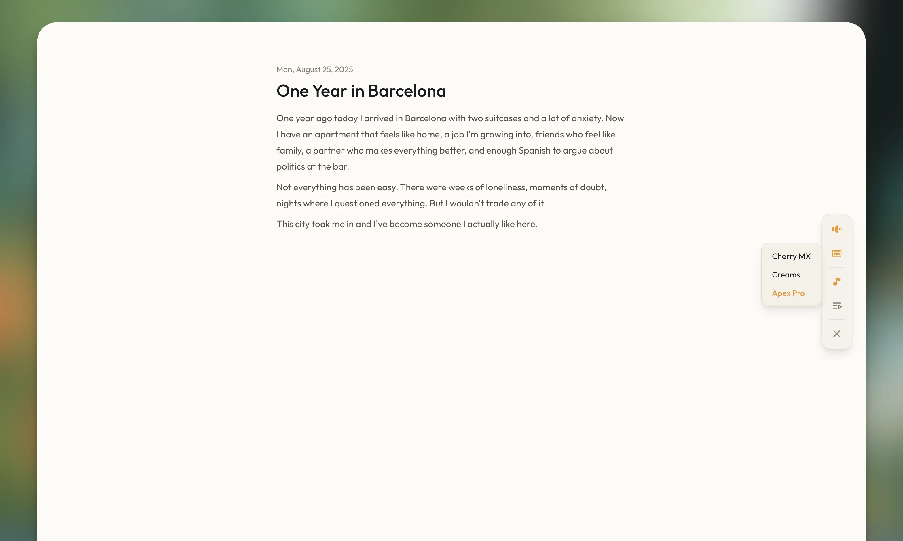 Cozy Journal distraction-free writing mode with clean minimal interface and background music